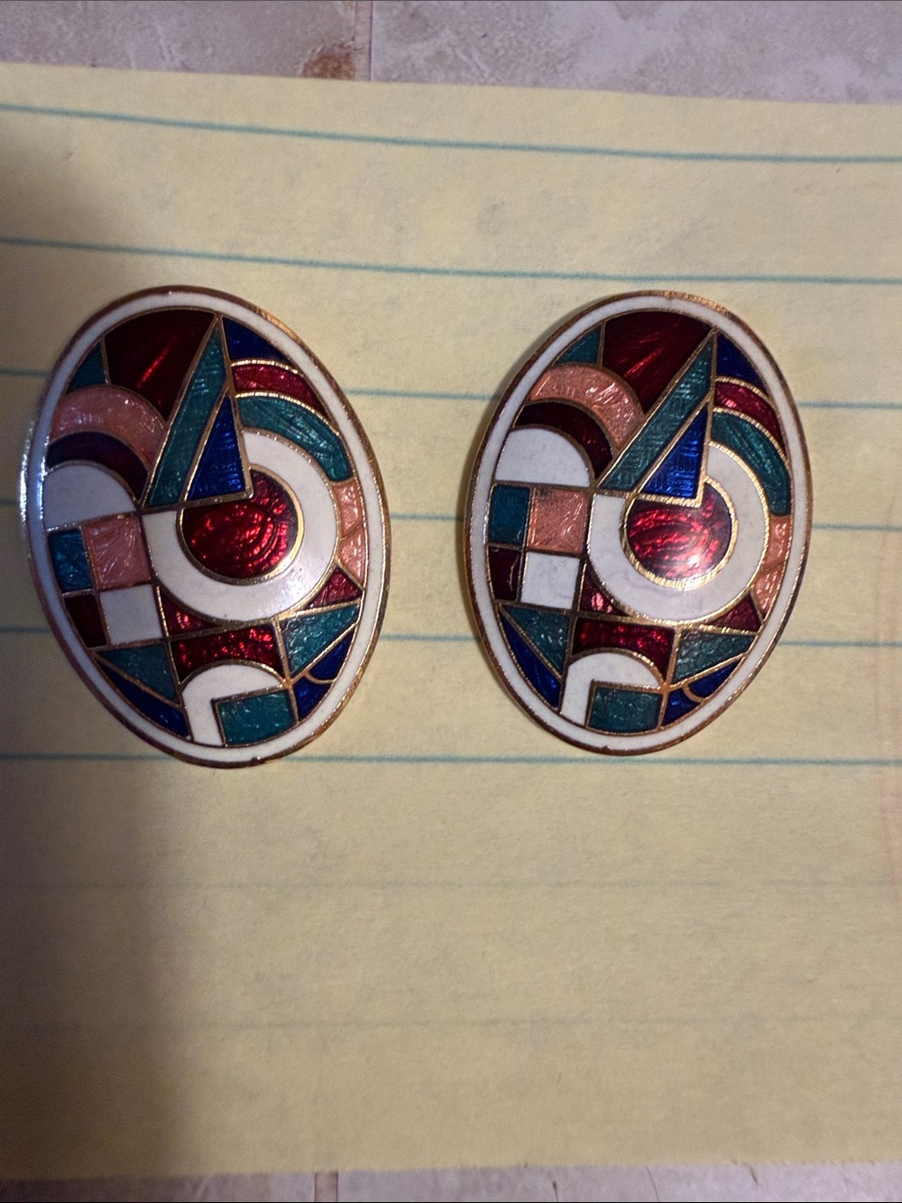 Vintage 80s Enamel Cloisonne
Earrings: Abstract Inlay Enamel Geometric shapes